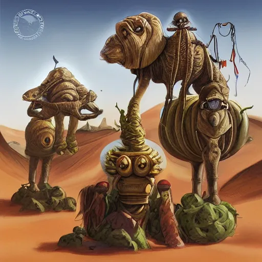 Image similar to several stoner merchants in robes with integrated bong gas mask appliances, trucking bales of herbs across an alien desert with camel-like creatures in tow. Album art by Arik Roper