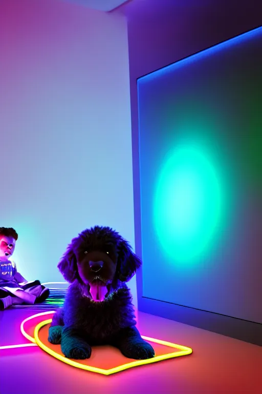 Prompt: young gamer sitting in gaming chair + neon rgb light strips, large computer monitor, galaxy themed room, cute bernedoodle puppy sitting at his feet, 4 k, award winning, octane render, volumetric lighting