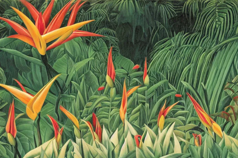 Prompt: heliconia in a garden, art by Henri Rousseau, studio Ghibli