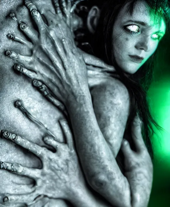 Image similar to xenomorph hugging pale sad beauty, dark emerald mist colors, giger background liminal void, cinematic lighting, realistic, award winning photograph, various refining methods, micro macro autofocus