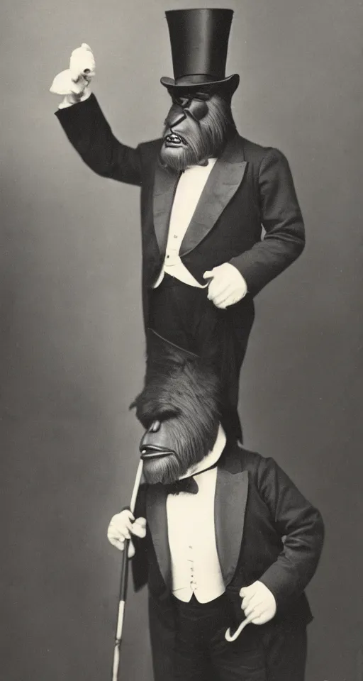 Image similar to a vintage portrait of a dignified bigfoot wearing a top hat and carrying a cane