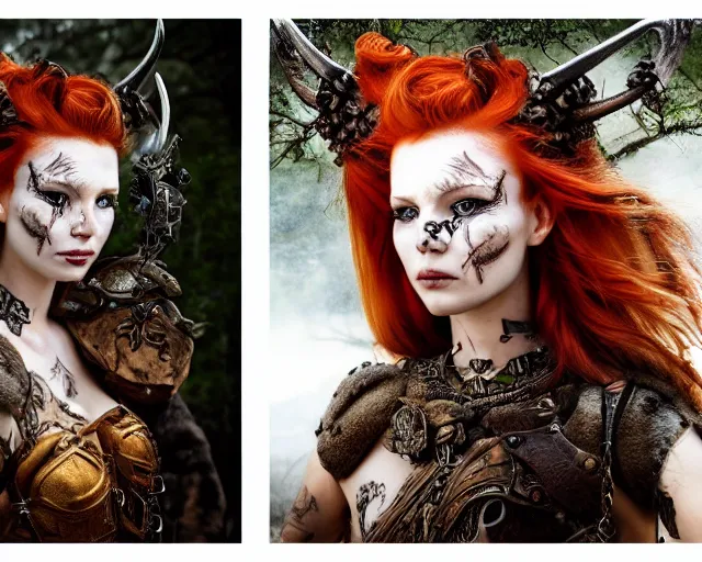 Image similar to 5 5 mm portrait photo of an armored gorgeous anesthetic redhead woman warrior with a face tattoo and horns growing from her head, and owl sitting on her shoulder in a magical forest in the style of stefan kostic, art by luis royo. highly detailed 8 k. intricate. lifelike. soft light. nikon d 8 5 0. cinematic post - processing