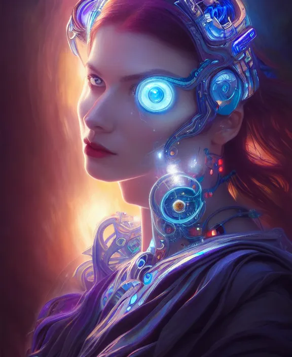 Image similar to a whirlwind of souls rushing inside the metaverse, half body, glowin eyes, tiara with sapphire, pharaoh, android, cyberpunk, d & d, fantasy, intricate, elegant, highly detailed, colorful, vivid color, digital painting, artstation, concept art, art by artgerm and greg rutkowski and alphonse mucha and ruan jia