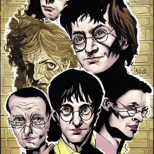 Prompt: in one frame Harry Potter with Sandman in The Sandman comic, symmetrical faces, beautiful faces, by Neil Gaiman, by Dave McKean, comics Sandman, small details, clear faces, high detail