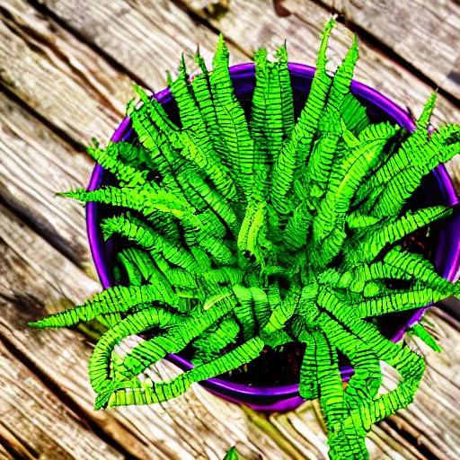 Image similar to wide shot several green and violet poisonous spiked vines with edgy leaves, grow from a pot, on wooden table in the ray of sunshine in greenhouse, sharp focus, high detailed, calm, warm lighting, by Rutkowsky