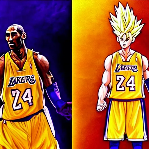 Prompt: Kobe Bryant going super saiyan on the basketball court, photorealistic, sports photography