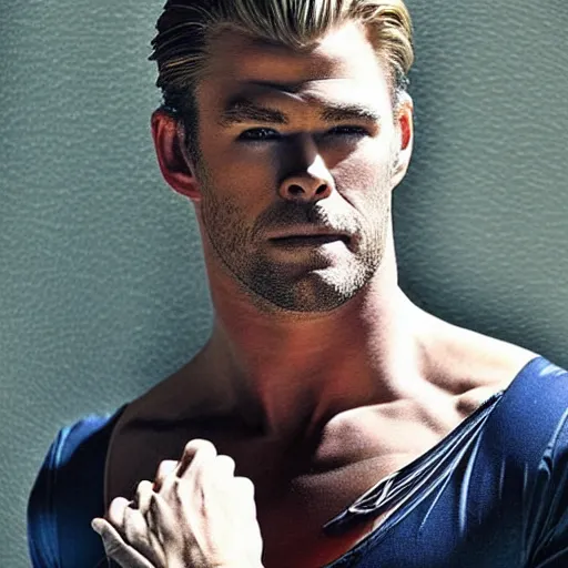 Image similar to “a realistic detailed photo of a guy who is an attractive humanoid who is half robot and half humanoid, who is a male android, Chris Hemsworth, shiny skin, posing like a statue, blank stare”