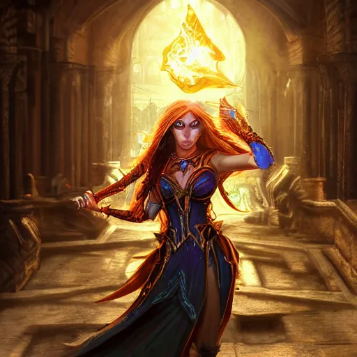 Image similar to digital art of half-elf sorceress from dungeons and dragons, a fireball spell forms in her hands, in a crowded ancient persian city, insanely detailed, depth of field unreal engine ultra-wide angle lens, volumetric lighting, vivid color,