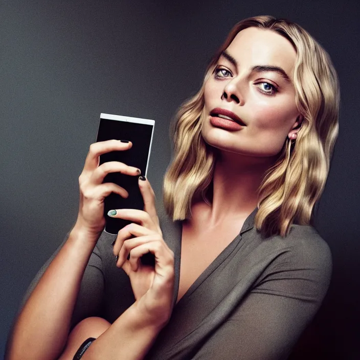 Prompt: portrait of margot robbie, holding iphone. very coherent symmetrical artwork. cinematic, hyper realism, high detail, octane render, 8 k, iridescent accents