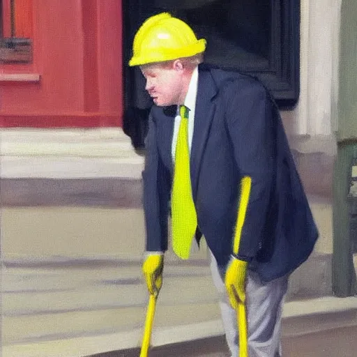 Image similar to A fine art painting of Boris Johnson doing community service in a high vis vest, he is picking litter on a British street. In the style of Edward Hopper and Wes Anderson