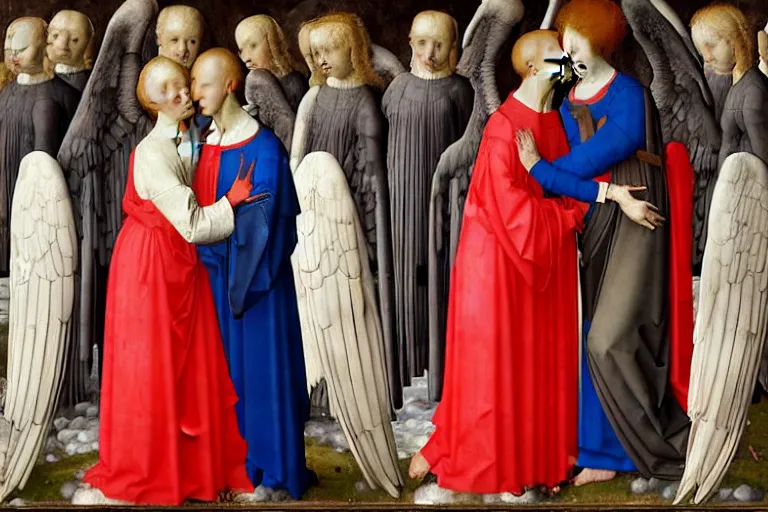 Prompt: a beautiful painting by Van der Weyden, depicting a gay couple embracing each other tightly and kissing surrounded by angels and doves, with a godray shining on them