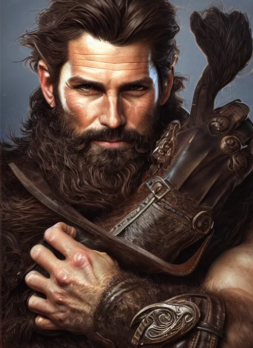 Image similar to portrait of a ruggedly handsome ranger, hands details, muscular, half body, leather, hairy, d & d, fantasy, intricate, elegant, highly detailed, digital painting, artstation, concept art, smooth, sharp focus, illustration, art by artgerm and greg rutkowski and alphonse mucha