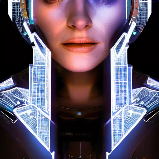 Image similar to beautiful centered Fine art photo portrait of mysterious Bryce Dallas Howard as a solarpunk robotic humanoid, white mechanical parts with led lights, photorealistic, white background, highly detailed and intricate, sunset lighting, HDR 8k