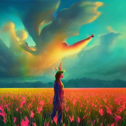 Prompt: giant gladiola flower as head, full body girl standing in a flower field, surreal photography, sunrise, dramatic light, impressionist painting, colorful clouds, digital painting, artstation, simon stalenhag