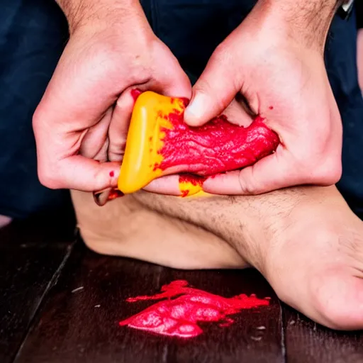 Prompt: man eat his own leg with pink ketchup