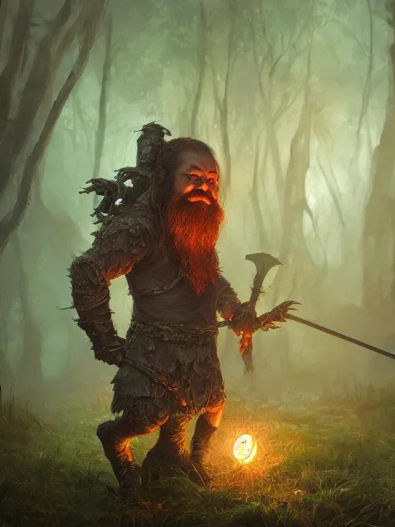 Prompt: Frightened Archer High Fantasy Dwarf treading through Haunted Swamp with Glowing Lights, RPG Portrait Reference, Oil Painting, Trending on Artstation, octane render, Insanely Detailed, 8k, HD