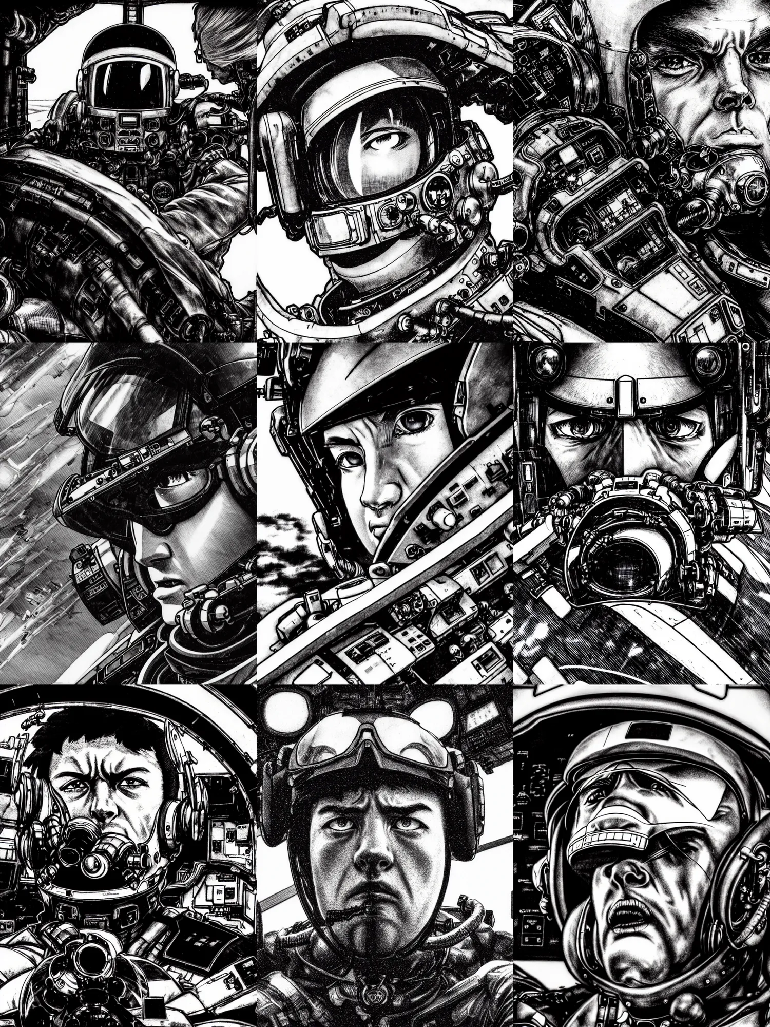 Prompt: close up picture of a pilot looking at the sky in mecha cockpit, angry, sad, rugged, black and white, highly detailed, detailed face, chiaroscuro, manga illustration, artgerm, greg rutkowski, alphonse mucha, takehiko inoue, kentaro miura, light novel cover art