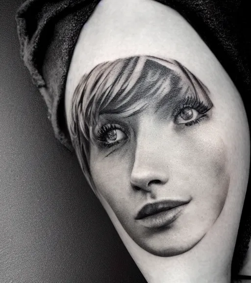 Image similar to a beautiful girl portrait faded in a mountain scenery, realism tattoo, in the style of den yakovlev, black and white, hyper realistic, highly detailed