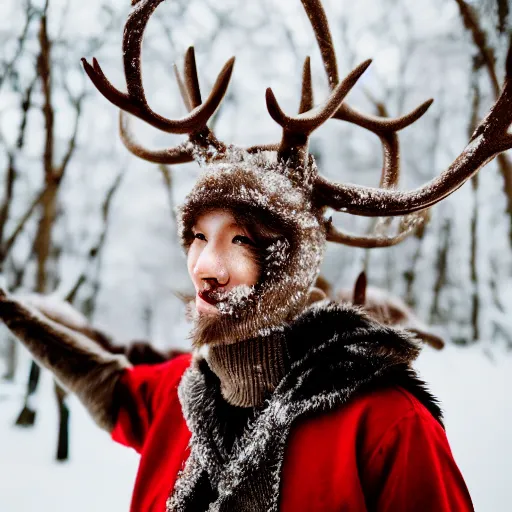 Image similar to reindeer human cosplay in snow 85mm photography