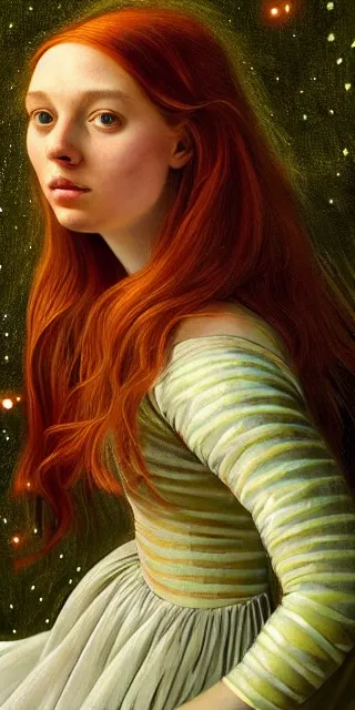 Image similar to an astonished young woman surrounded by golden firefly lights in a mesmerizing scene, sitting amidst nature fully covered, intricate detailed dress, long loose red hair, precise linework, accurate green eyes, small nose with freckles, smooth oval head, expressive emotions, hyper realistic ultrafine portrait by artemisia gentileschi, jessica rossier, artgerm
