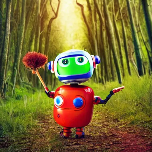 Prompt: cute robot with grass hair, tomato hat and a walking stick, trekking in a forest, pixar art style