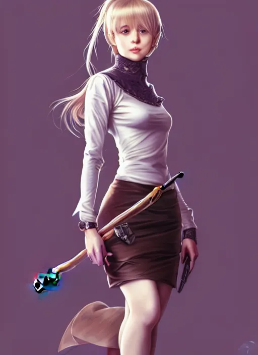 Image similar to portrait of a full body of beautiful young female detective, d & d, sleeveless turtleneck, pencil skirt, fantasy, flat lighting, intricate, highly detailed, digital painting, artstation, concept art, smooth, sharp focus, illustration, misa amane, art by simon bisley and greg rutkowski and alphonse mucha, natural tpose