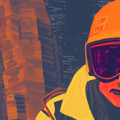 Prompt: in the style of deathburger and laurie greasley a close up of a young explorer wearing a cyberpunk headpiece with an orange visor, highly detailed, 8k wallpaper