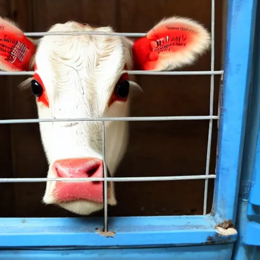 Image similar to calf inside a cage looking a bottle of milk