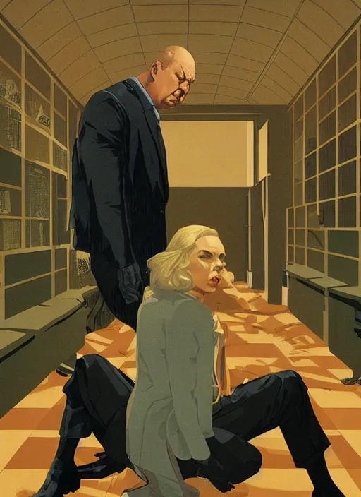 Prompt: poster artwork by Michael Whelan and Tomer Hanuka, Karol Bak of Alfred Hitchcock squatting crouched over Janet Leigh the middle of a large empty simple room interior, no people, deserted, from scene from Twin Peaks, clean