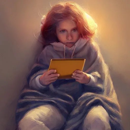 Image similar to he has his own blanket and he has already taken my blanket twice to hold his ipad on his lap mandy jurgens digital art, golden ratio, art canvas, award winning, masterpiece artstation 8 k 1 5 0 mpx