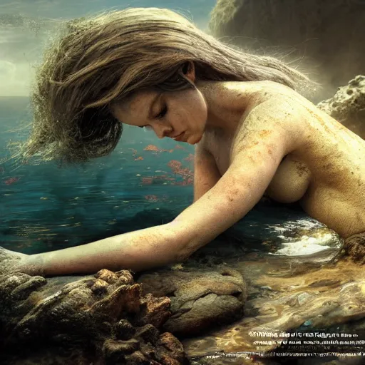 Image similar to a sad mermaid covered in toxic sludge, ultra realistic, concept art, intricate details, highly detailed, photorealistic, octane render, 8 k, unreal engine, art by frank frazetta, simon bisley, brom