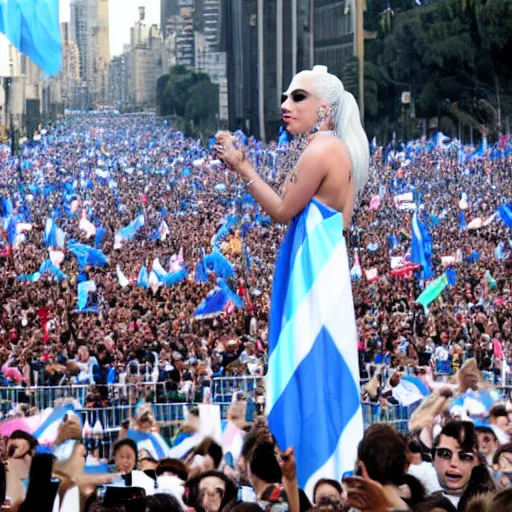 Image similar to Lady Gaga as president, Argentina presidential rally, Argentine flags behind, bokeh, giving a speech, detailed face, Argentina