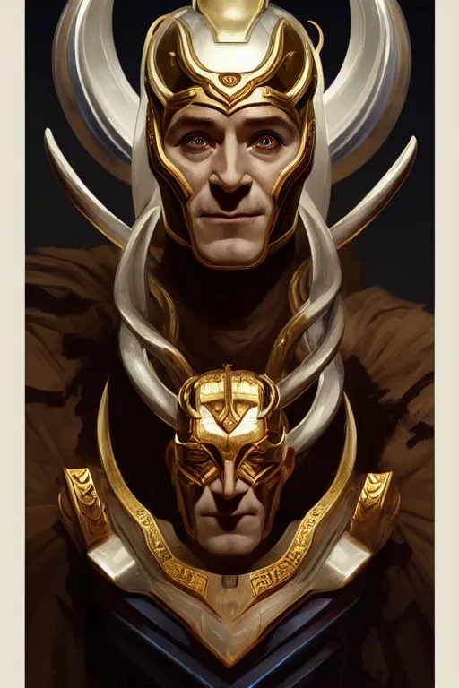 Image similar to symmetry!! portrait of loki in the style of god of war, machine parts embedded into face, intricate, elegant, highly detailed, digital painting, artstation, concept art, smooth, sharp focus, illustration, art by artgerm and greg rutkowski and alphonse mucha, 8 k