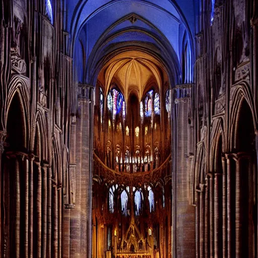 Image similar to Notre Dame interior. chocolate over a pedestal illuminated by a ray of light from a cathedral window. Wide Perspective. Realistic. Fantasy art