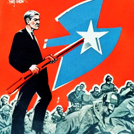 Image similar to soviet propaganda of robert mueller holding a hammer and sickle in realistic collective farm