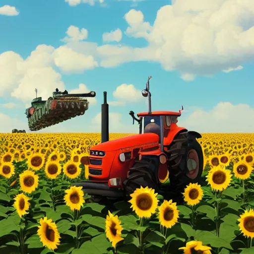 Image similar to a cute tractor in a sunflower field towing a russian tank by goro fujita, 3 d octane render, 8 k, trending on artstation, hyper detailed, cinematic