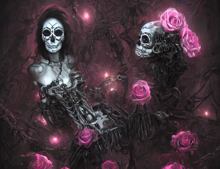 Image similar to a chaotic goddess of death skeleton as a heroine, intricate, elegant skull black rose s day of the dead atmospheric, dramatic, Trending on artstation. augmentations and cybernetic enhancements neon circuits, greg rutkowski , hyperrealist, cinema4D, 8k highly detailed