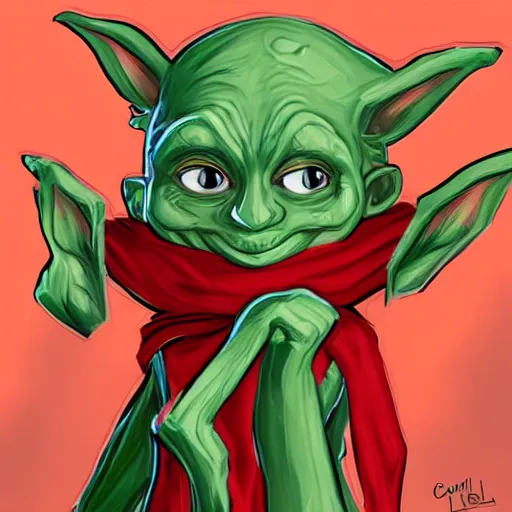 Image similar to Cute Goblin Cleric Girl with large expressive eyes and a red scarf, hatched ear, green skin, by Luke Pearson, Cornelia Geppert, digital illustration, comic style, cartoon style, concept art