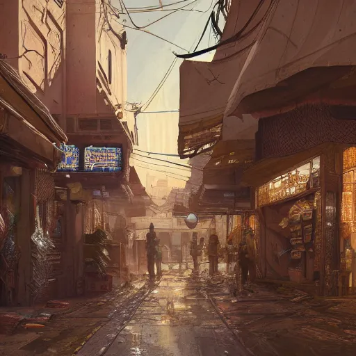 Image similar to detailed painting of a cyberpunk street covered in brown paper bags, majestic solemn ornaments and solemn architecture, artstation, dantom, cinematic, in morocco