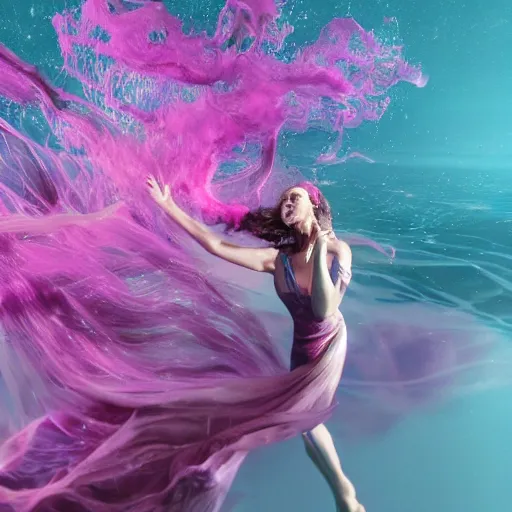 Image similar to woman dancing underwater wearing a flowing dress made of blue and magenta seaweed, delicate coral sea bottom, swirling silver fish, swirling smoke shapes, octane render, caustics lighting from above, cinematic