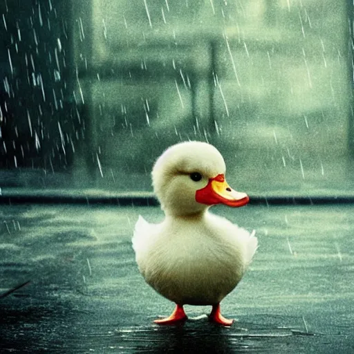 Image similar to movie poster for a movie about a lonely duck in the rain, dramatic