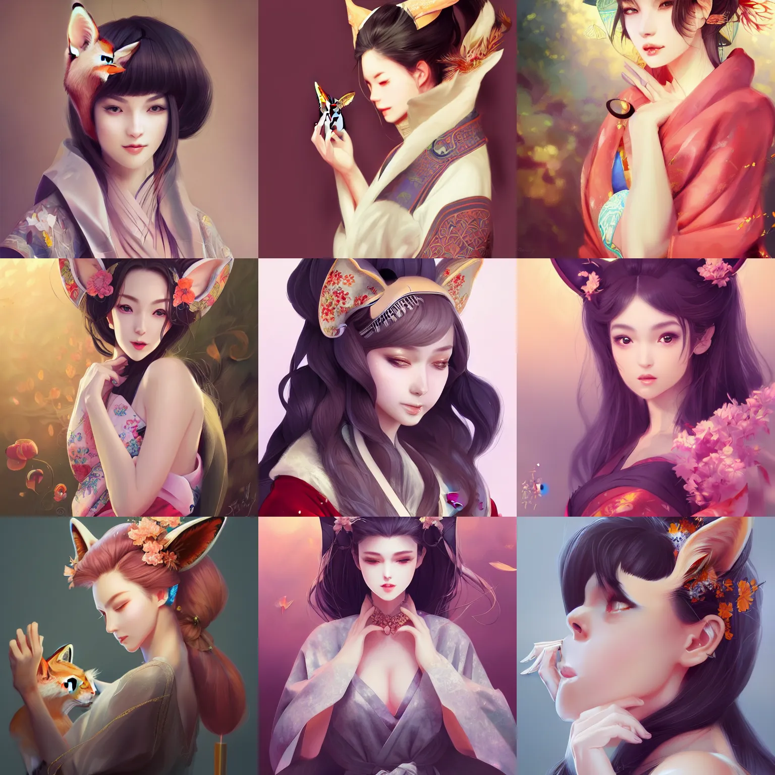 Prompt: A beautiful digital concept portrait of a beautiful, shapely woman with fox ears wearing a kimono, by Stanley Artgerm Lau, WLOP, Rossdraws, LeraPi, and Sakimichan, trending on ArtStation, deviantart, SFW version