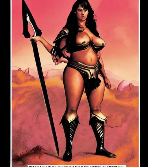 Prompt: 1 9 8 0 s fantasy novel book cover, bbw plus size amazonian rashida jones in extremely tight bikini armor wielding a cartoonishly large sword, exaggerated body features, dark and smoky background, low quality print