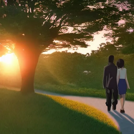 Prompt: lovers holding hands walking into the sunset in style of Makoto Shinkai