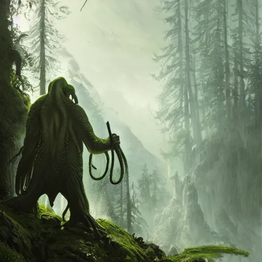 Image similar to cthulhu towering over the forest, 8 k octane beautifully detailed render, post - processing, extremely hyper - detailed, intricate, epic composition, cinematic lighting, masterpiece, trending on artstation, masterpiece, stunning art by anders zorn, wonderful masterpiece by greg rutkowski, beautiful cinematic