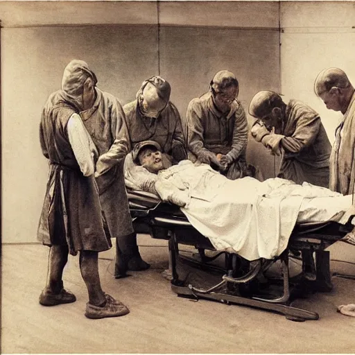 Image similar to shikki funereal by walter langley. a beautiful conceptual art of a team of surgeons gathered around a patient on an operating table, with one surgeon in the process of cutting into the patient's chest. the conceptual art is full of intense colors & brushstrokes, conveying the urgency & intensity of the surgery.