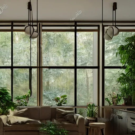 Prompt: the interior of a house with forest and plants theme, 8k, photo realistic, warm lighting