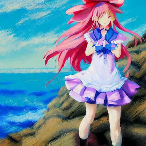 Image similar to Very abstract impressionist painting of Kirisame Marisa from the Touhou project on a cliff looking calmly at the sea, wide strokes, pastel colors, touhou project official artwork, danbooru, oil painting by Antoine Blanchard, wide strokes, pastel colors, soft lighting sold at an auction