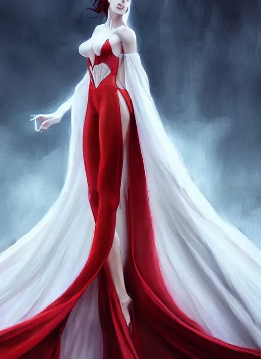 Image similar to photo of a gorgeous female with long red her, dressed in a white transparant gown in the style of stefan kostic, realistic, sharp focus, 8 k high definition, insanely detailed, intricate, elegant, art by stanley lau and artgerm