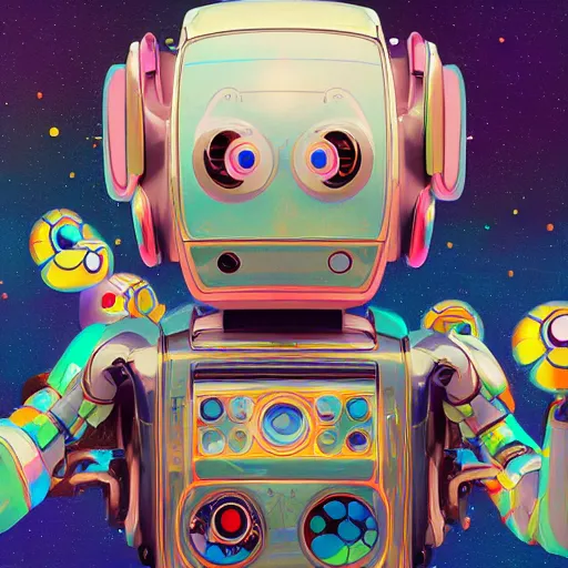 Image similar to a robot mascott by takashi murakami,, beeple and james jean, aya takano color style, 4 k, super detailed, night sky, digital art, digital painting, celestial, majestic, colorful